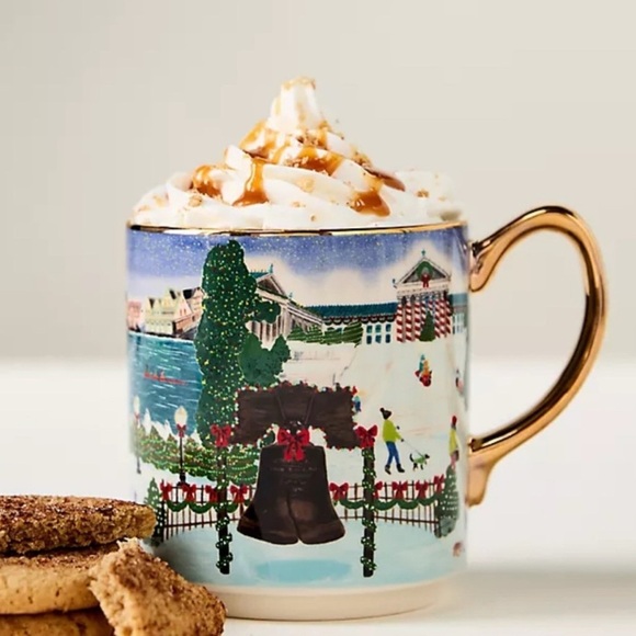 Anthropologie Philly Holiday in the City Stoneware Coffee Tea Mug Cup 2024 NWT - Picture 1 of 9